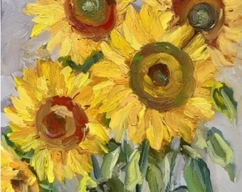 Pintura al óleo original de girasol: decoración floral para el hogar (40,6 x 30,5 cm)