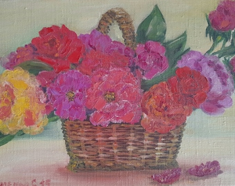 Pintura al óleo original de rosas empastadas: ramo en cesta, arte floral para pared
