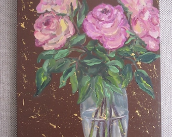 ピンクのバラの油絵 オリジナルの花瓶に入った花の絵画 クラシックな壁