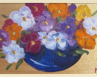 Pansies Oil Painting: Floral Still Life in Blue Vase, 4x6"