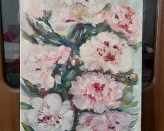 Rosa Pfingstrosen Ölgemälde auf Leinwand: Blumenstrauß Wandkunst (60 x 40 cm)