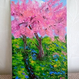 pintura original de macieira florescendo, pintura a óleo de jardim de macieira florescendo na primavera, paisagem de pomar de macieiras, pintura de jardim florescendo