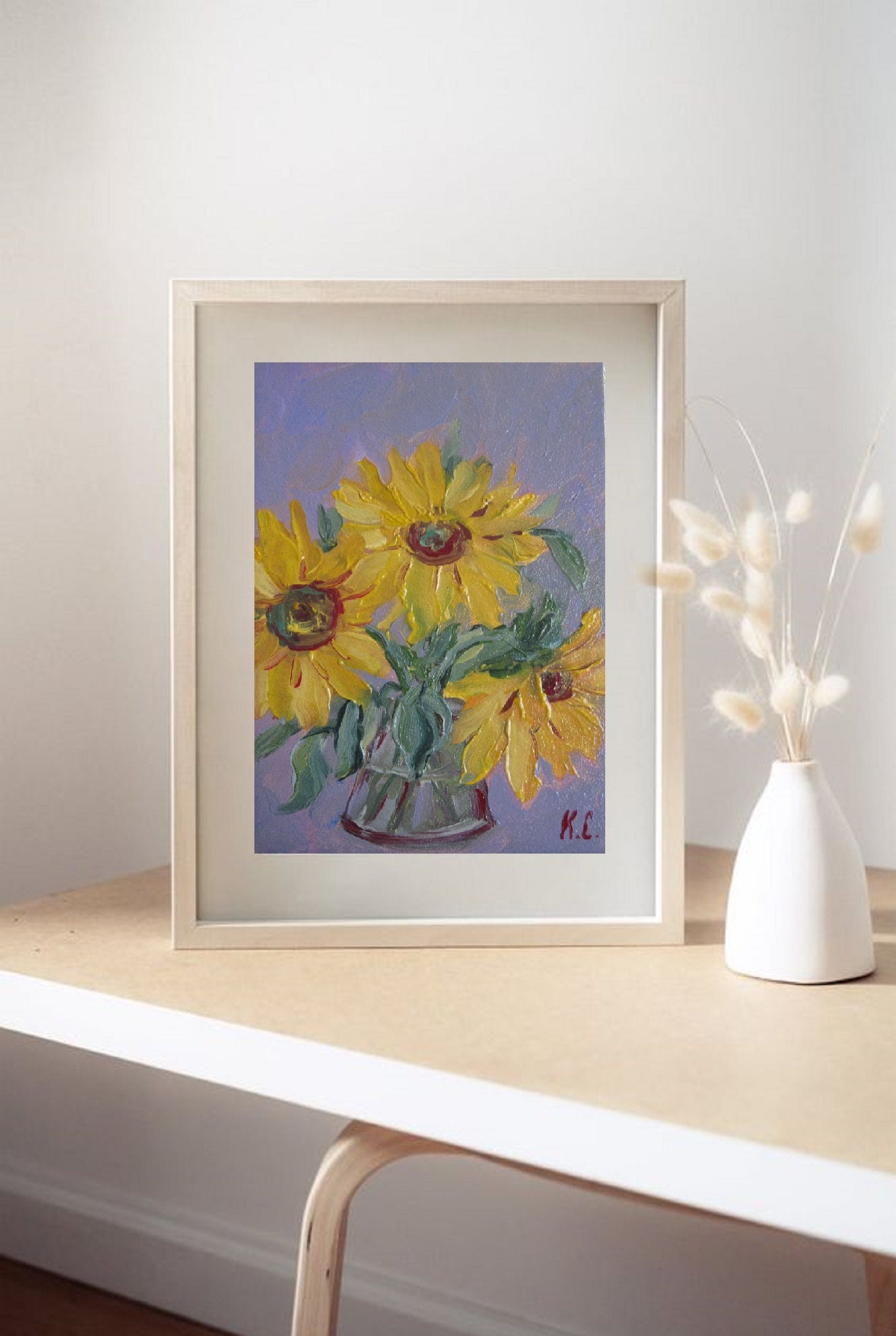 ひまわり油絵、花瓶の静物画、小さな花のアートワーク（6 x 4インチ