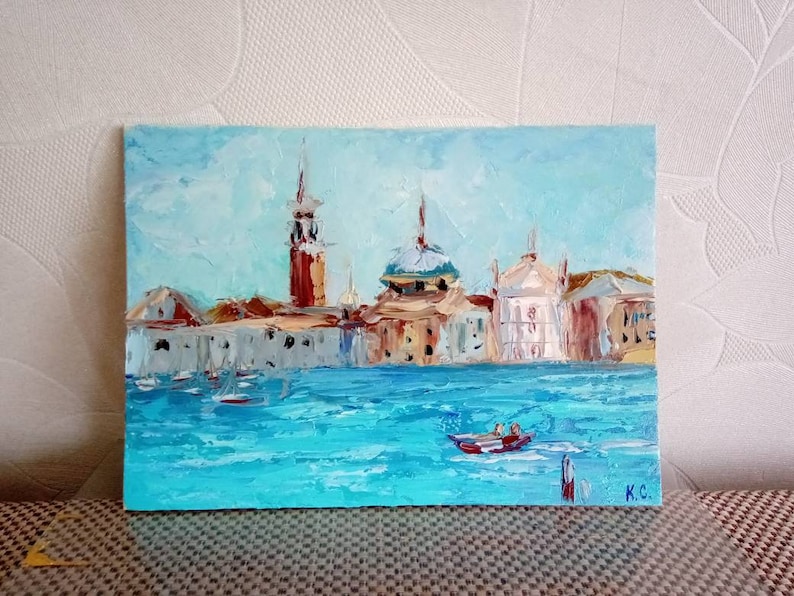 oil painting on cardboard Venice Italy landscape sea view from the shore Landscape Venice original Venice wall art cityscape with sea