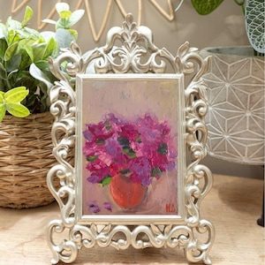 Pintura al óleo original de color lila, ramo de lilas en un jarrón, arte pequeño de color lila, pintura texturizada, arte mural de color lila, pintura al óleo de flores.