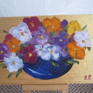 Pintura al óleo original de pensamientos, pintura de pensamientos en jarrón, arte floral brillante, pintura de flores brillantes, cuadro pequeño de pensamientos, ramo de pensamientos