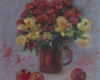 Chrysant stilleven olieverfschilderij, herfstboeket, keukendecor