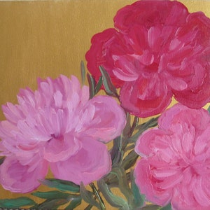 decoração de parede de peônias, pintura original de peônias, padrão quadrado de peônias, pintura a óleo de flores rosa em papelão, pintura ucraniana, pintura floral