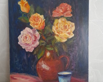 花瓶に入ったバラの油彩画 花瓶に入ったバラの花束の油絵：静物画の花のアートワーク - Etsy 日本
