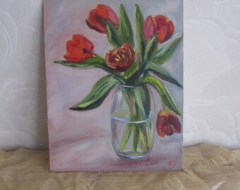 赤いチューリップの油絵：花の静物画、18×14インチ - Etsy 日本