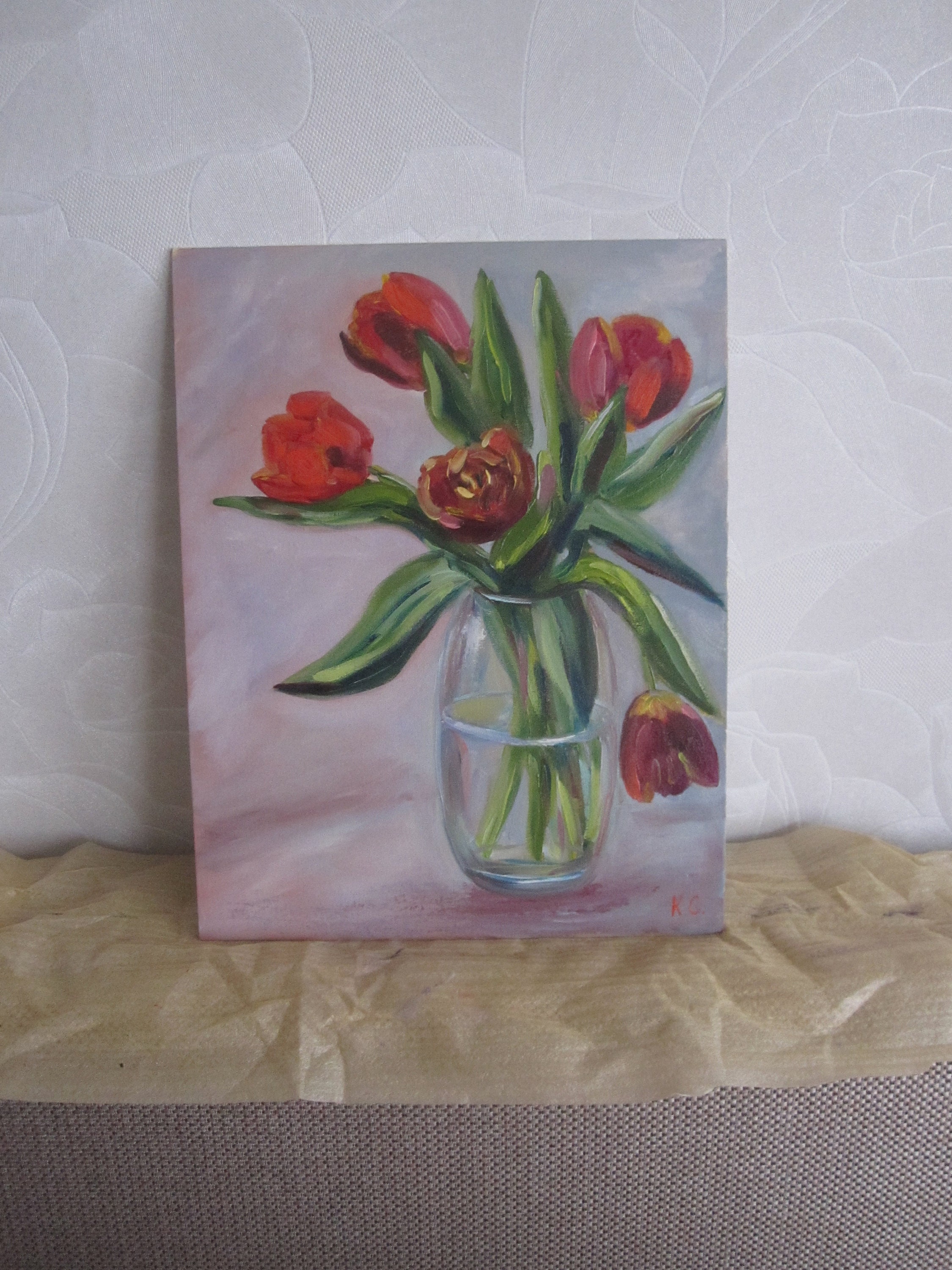 赤いチューリップの油絵：花の静物画、18×14インチ - Etsy 日本
