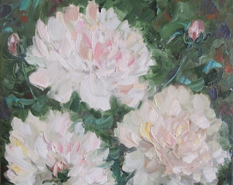 White Peonies Oil Painting on Canvas: Floral Wall Art, 12x12 inches