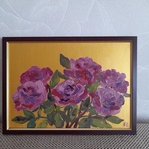 Rosas rosadas sobre fondo dorado, pintura al óleo original, ramo de rosas rosadas, pintura enmarcada, arte mural de rosas, pintura de flores, arte floral