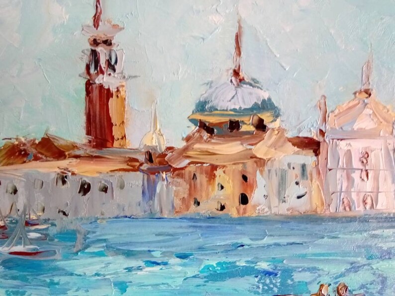 oil painting on cardboard Venice Italy landscape sea view from the shore Landscape Venice original Venice wall art cityscape with sea
