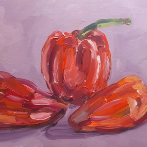 Pintura al óleo original de pimiento rojo: bodegón de cocina (23 x 33 cm)