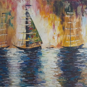 impasto marine oil painting, yachts and seapainting original, landscape night sea, seascape wall art, painting by an artist from Ukraine