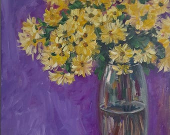 Chrysanthemums Still Life Oil Painting: Autumn Floral Vase Art (24x18 in)