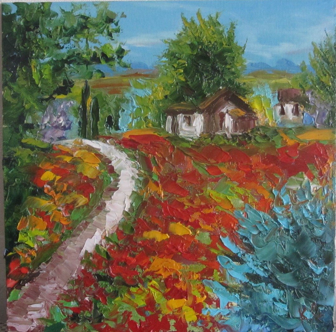 Tuscany Poppy Field Oil Painting: Italian Landscape Impasto Art - Etsy