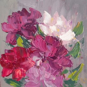 Pintura al óleo original de peonías, arte de ramo de peonías rosas, pintura al óleo de flores, pintura de flores, arte mural de peonías, pintura de peonías pequeñas