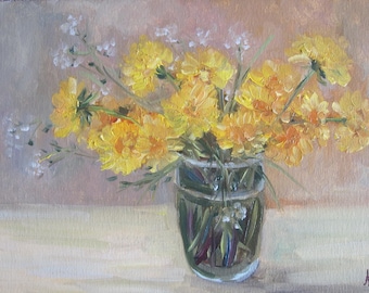 Dandelion Bouquet Oil Painting: Yellow Floral Still Life (10x14 in)