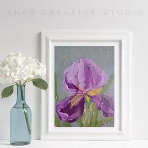 Pintura al óleo original de iris violeta, pintura al óleo en miniatura, arte mural de iris, arte floral pequeño, arte floral de iris, arte botánico, regalo para amantes del iris