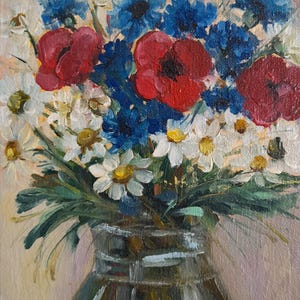 Buquê de flores silvestres em vaso, pintura ucraniana original, pintura de papoulas vermelhas, arte de parede de centáurea, pintura em tela, arte de margaridas