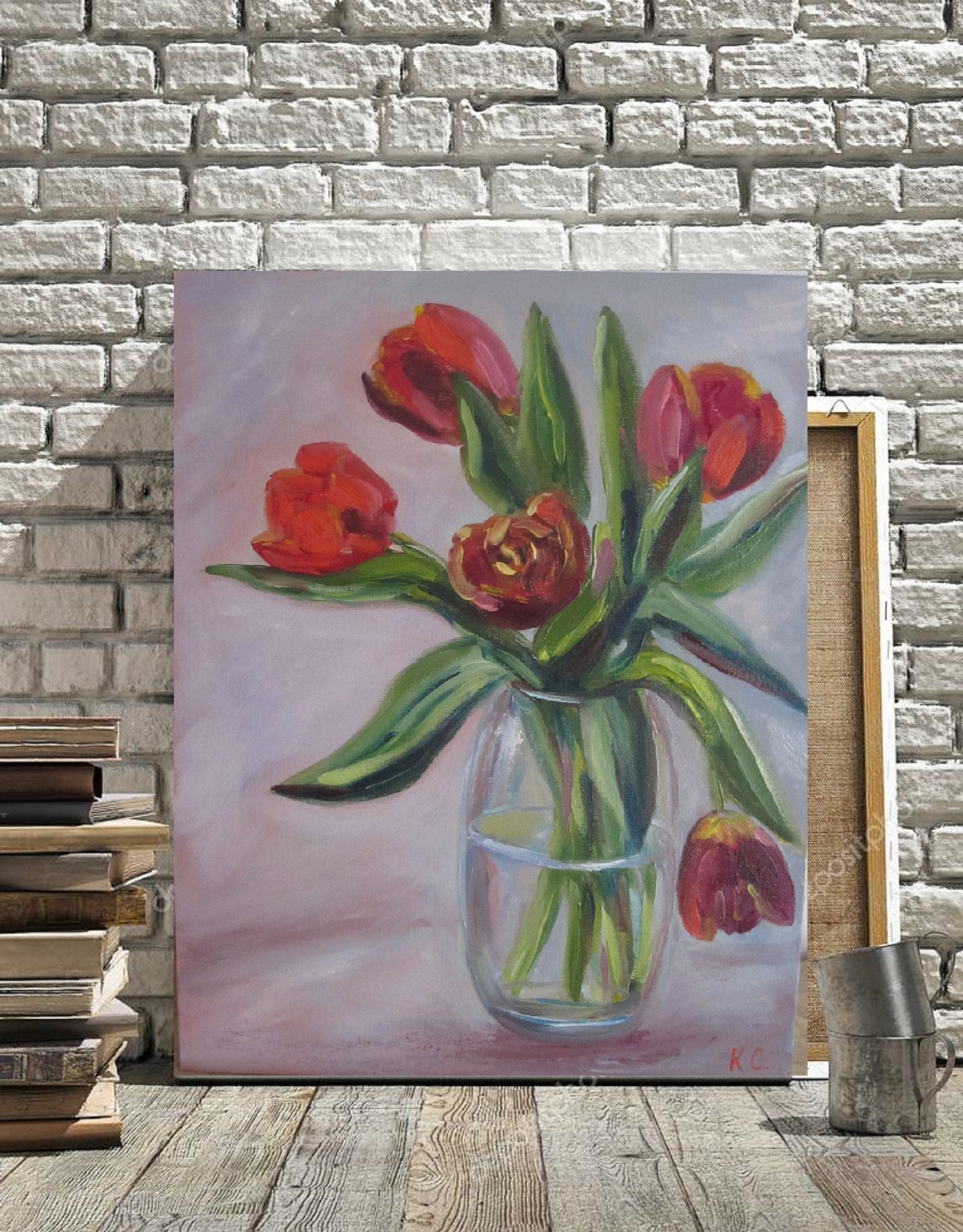 赤いチューリップの油絵：花の静物画、18×14インチ - Etsy 日本