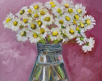 Daisy Bouquet Oil Painting: Floral Still Life, 10x10 in
