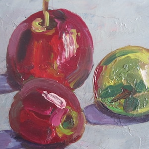 Still life with apples, apples original oil painting, red apples art, miniature painting, kitchen wall decor, fruit still life, home decor