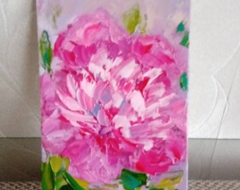 pioenbloem schilderen, roze pioen klein olieverfschilderij op karton, kunst aan de muur pioenroos, roze bloemen schilderen, cadeau voor haar, goedkoop schilderen