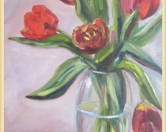 赤いチューリップの油絵：花の静物画、18×14インチ - Etsy 日本