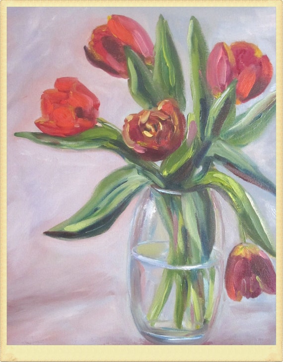 油絵 赤いチューリップ 赤いチューリップの油絵：花の静物画、18×14インチ - Etsy 日本