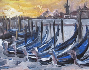 Venice Gondola Oil Painting: Italian Seascape, Small Wall Art (4x6 in unframed canvas)
