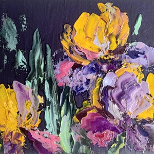 iris empastados multicolores, fondo púrpura de iris, pintura de iris brillantes, pintura de flores original, iris de imagen pequeña, arte de pared de iris