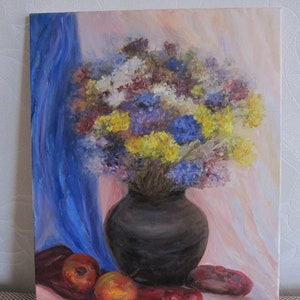 flowers in vase academic still life painting, floral still life in Ukrainian style, autumn still life painting original, still life fruit