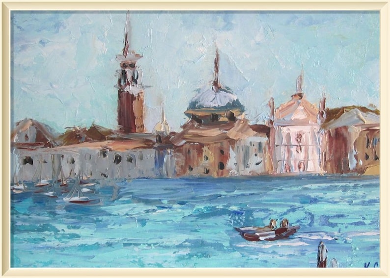 oil painting on cardboard Venice Italy landscape sea view from the shore Landscape Venice original Venice wall art cityscape with sea