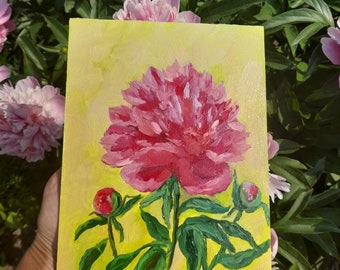 May include: A painting of a pink peony flower with green leaves on a yellow background. The painting is signed "K.C."