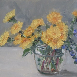 May include: A painting of a bouquet of yellow flowers in a clear glass jar. The flowers are arranged in a loose, natural style, and the jar is sitting on a light gray surface.