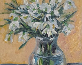 Snowdrop Oil Painting: Spring Flowers in Vase, 7x9 Floral Art