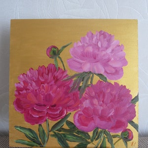 pintura original de peônia, decoração de parede de peônias, padrão quadrado de peônias, papelão de pintura a óleo de flores rosa, pintura ucraniana, pintura floral