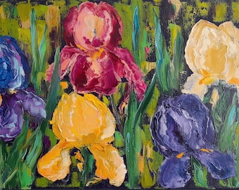 Textured Irises Oil Painting: Multicolored Floral Canvas Art (12x24 in)