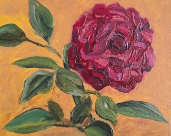 Pintura al óleo de rosa roja: Miniatura floral para pared (6 x 6 pulgadas)