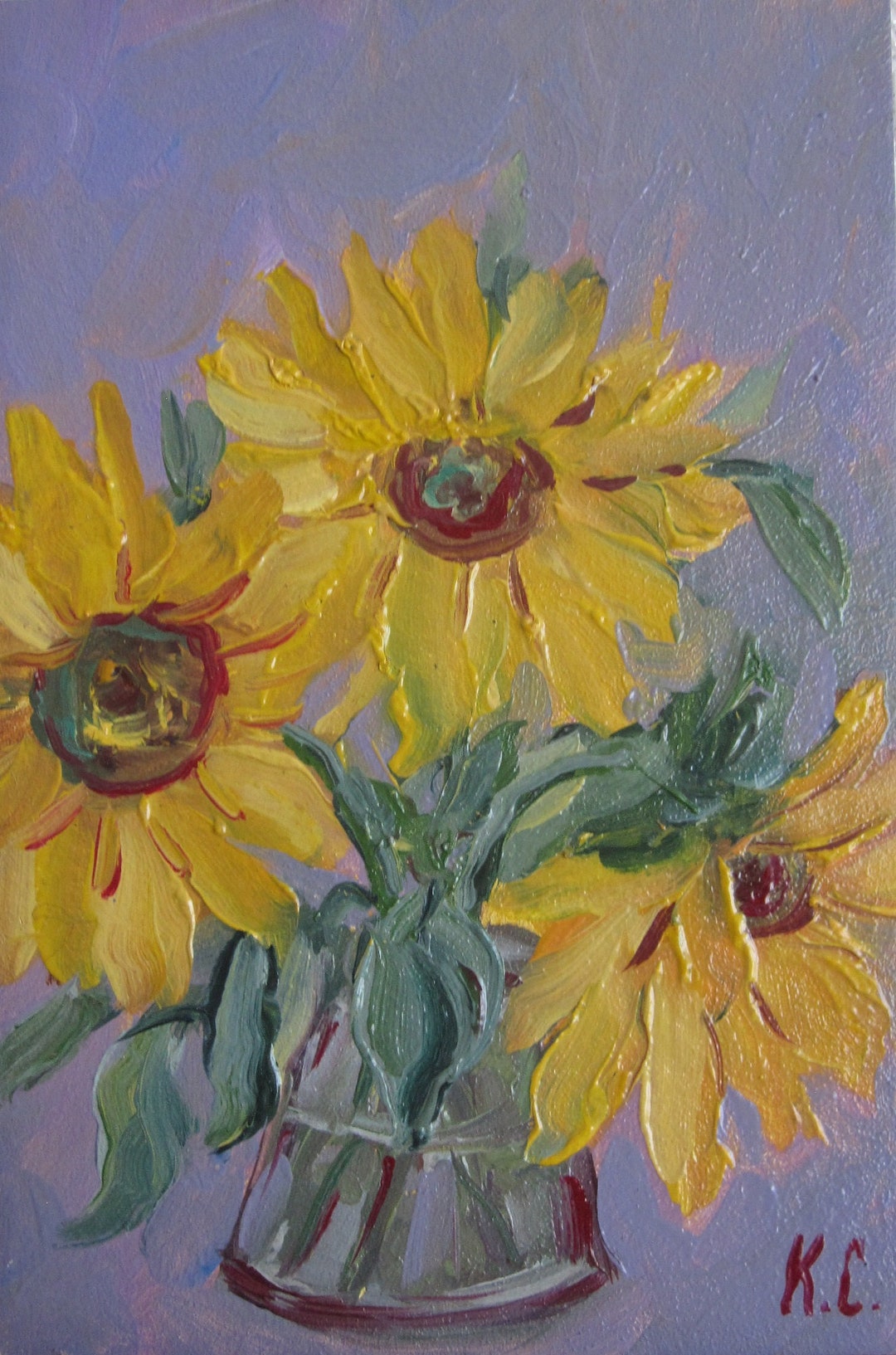 絵画 油彩画 静物画 花瓶のひまわり ひまわり油絵、花瓶の静物画、小さな花のアートワーク（6 x 4インチ