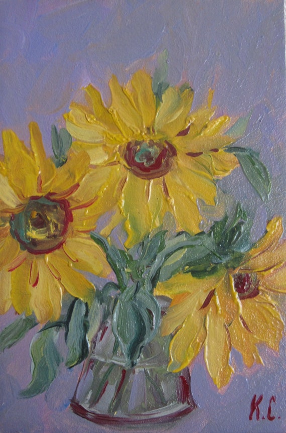 ひまわり油絵、花瓶の静物画、小さな花のアートワーク（6 x 4インチ