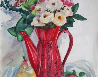Original Watercolor Still Life, Red Teapot, Fruit and Flowers, Kitchen Wall Art