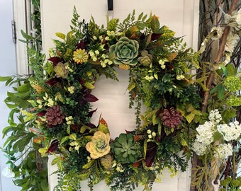 succulent artificial greenery wreath, everyday year round for front door wreath, tropical wreath with succulents