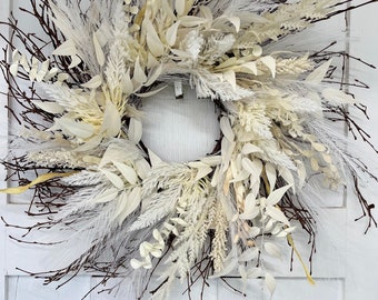 White boho Pampas Wreath, Bohemian Wreath, Boho Wreath, Dried Grass Wreath, Neutral Modern Wreath. White boho wreath