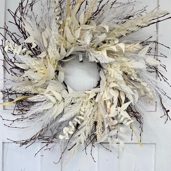 White boho Pampas Wreath, Bohemian Wreath, Boho Wreath, Dried Grass Wreath, Neutral Modern Wreath. White boho wreath