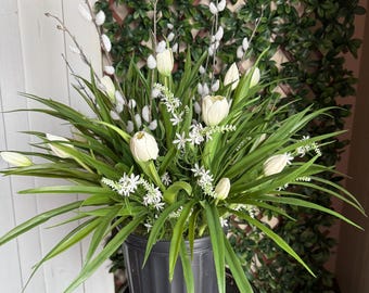 White Spring Tulip drop in planter for porch, urn filler ,  floral urn filler, spring flower planter, Easter gift, Spring pot filler