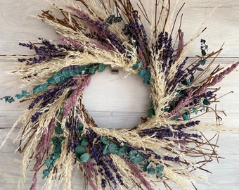 Dried Lavender wreath with eucalyptus/ Dried Pampas Wreath, Bohemian Wreath,  Boho Wreath, Dried Grass Wreath, purple Modern Wreath